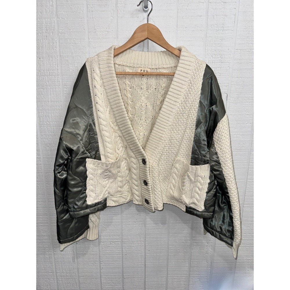 POL Mixed Media Cardigan Womens Ivory Olive Green Quilted Cable Knit Medium
